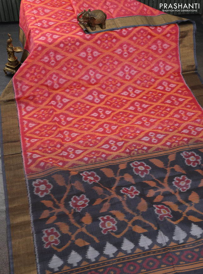 Ikat silk cotton saree peach pink and grey with allover ikat weaves and zari woven border