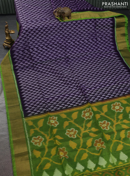 Ikat silk cotton saree navy blue and light green with allover ikat weaves and zari woven border