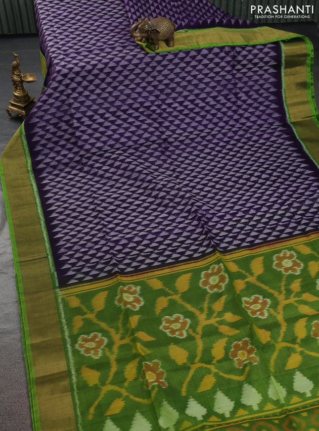 Ikat silk cotton saree navy blue and light green with allover ikat weaves and zari woven border