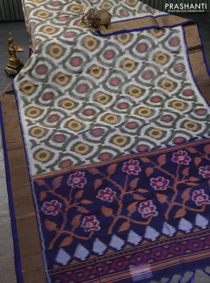 Ikat silk cotton saree grey and blue with allover ikat weaves and zari woven border