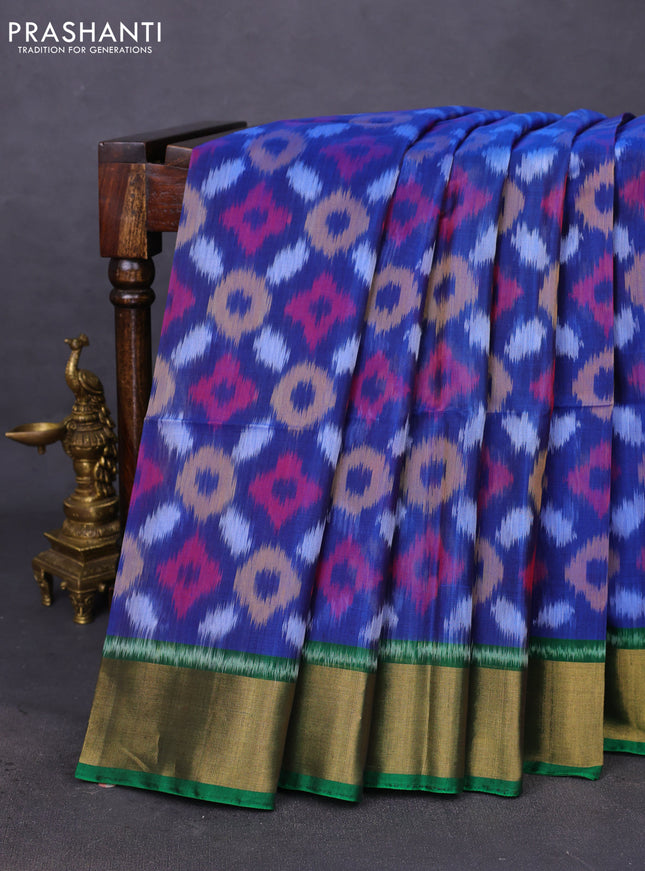 Ikat silk cotton saree cs blue and green with allover ikat weaves and zari woven border