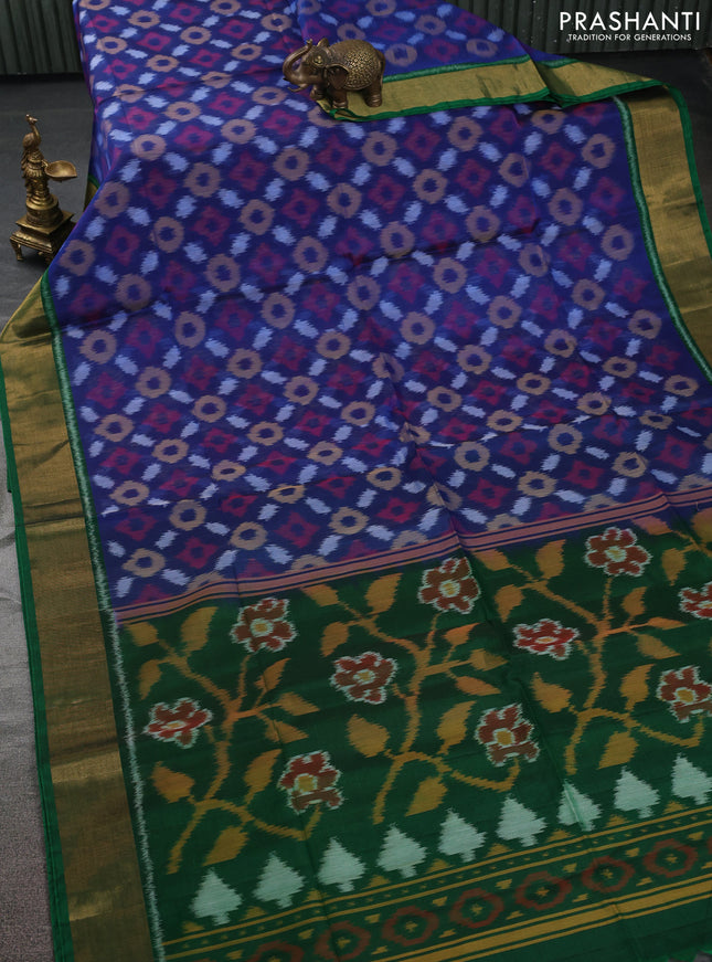 Ikat silk cotton saree cs blue and green with allover ikat weaves and zari woven border