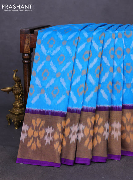 Ikat silk cotton saree cs blue and violet with allover ikat weaves and ikat woven zari border
