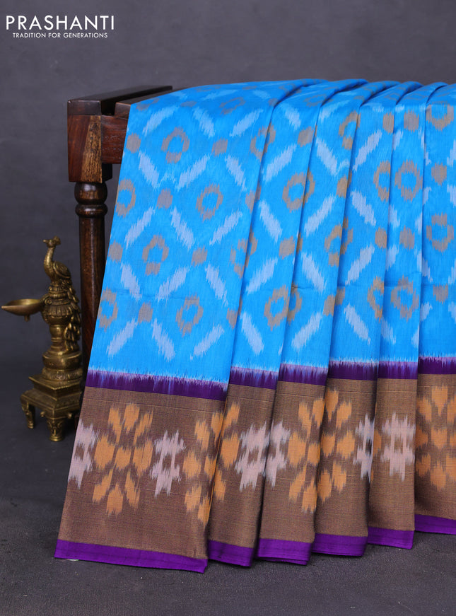 Ikat silk cotton saree cs blue and violet with allover ikat weaves and ikat woven zari border