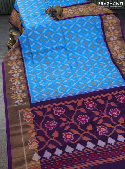 Ikat silk cotton saree cs blue and violet with allover ikat weaves and ikat woven zari border