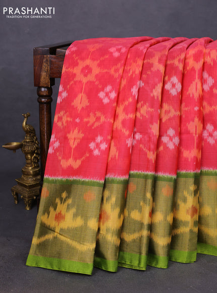 Ikat silk cotton saree pink and light green with allover ikat weaves and ikat woven zari border