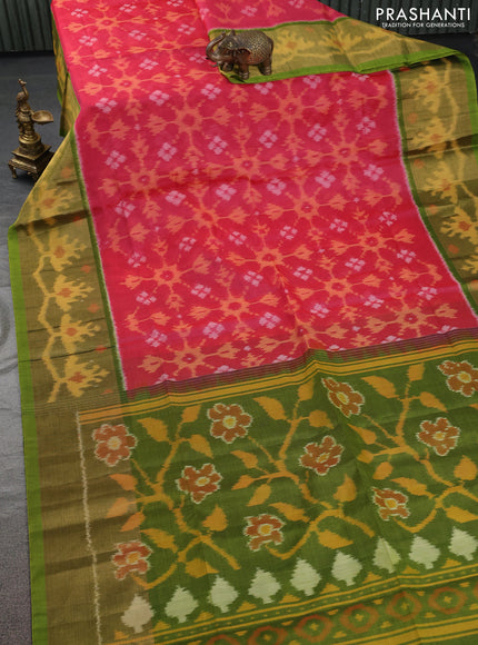 Ikat silk cotton saree pink and light green with allover ikat weaves and ikat woven zari border