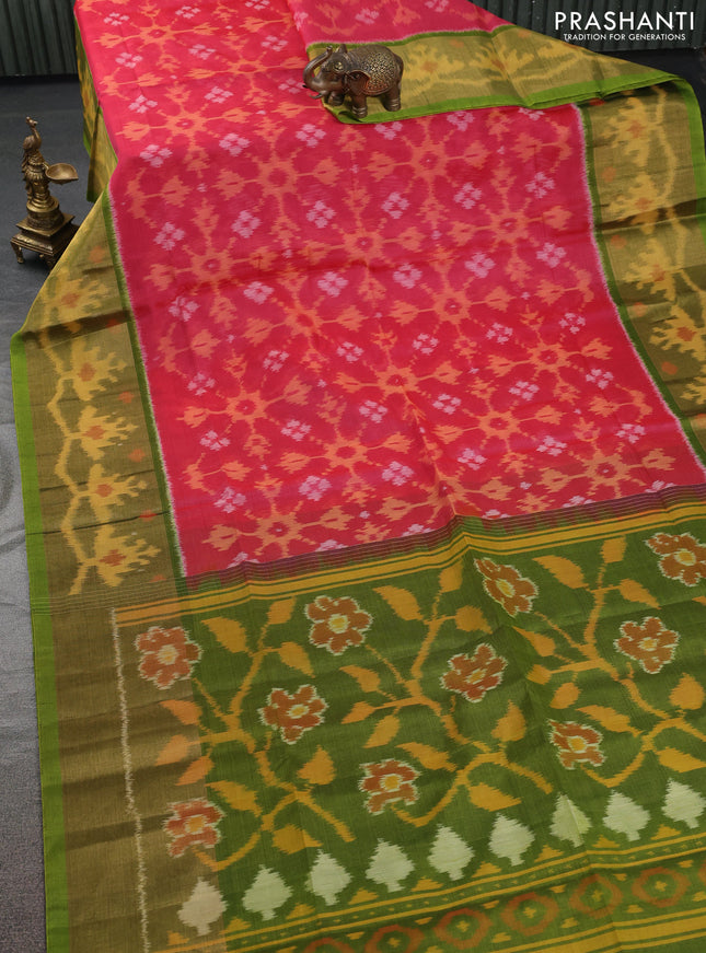 Ikat silk cotton saree pink and light green with allover ikat weaves and ikat woven zari border