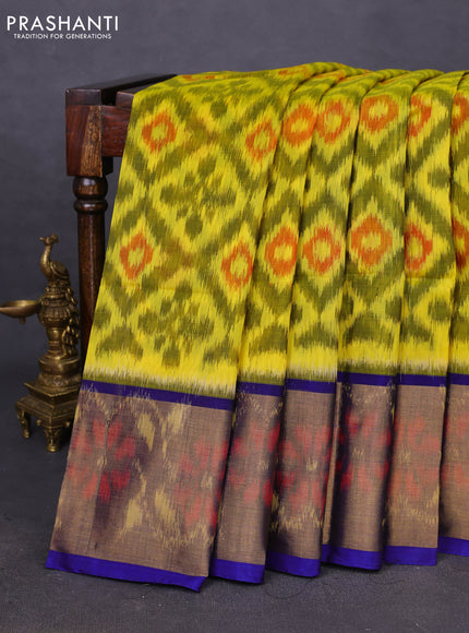 Ikat silk cotton saree yellow and blue with allover ikat weaves and ikat woven zari border