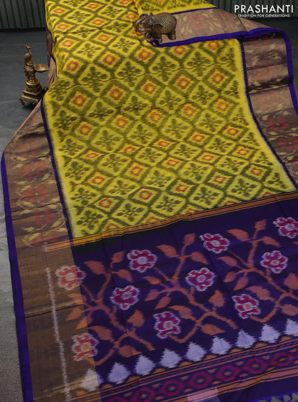 Ikat silk cotton saree yellow and blue with allover ikat weaves and ikat woven zari border
