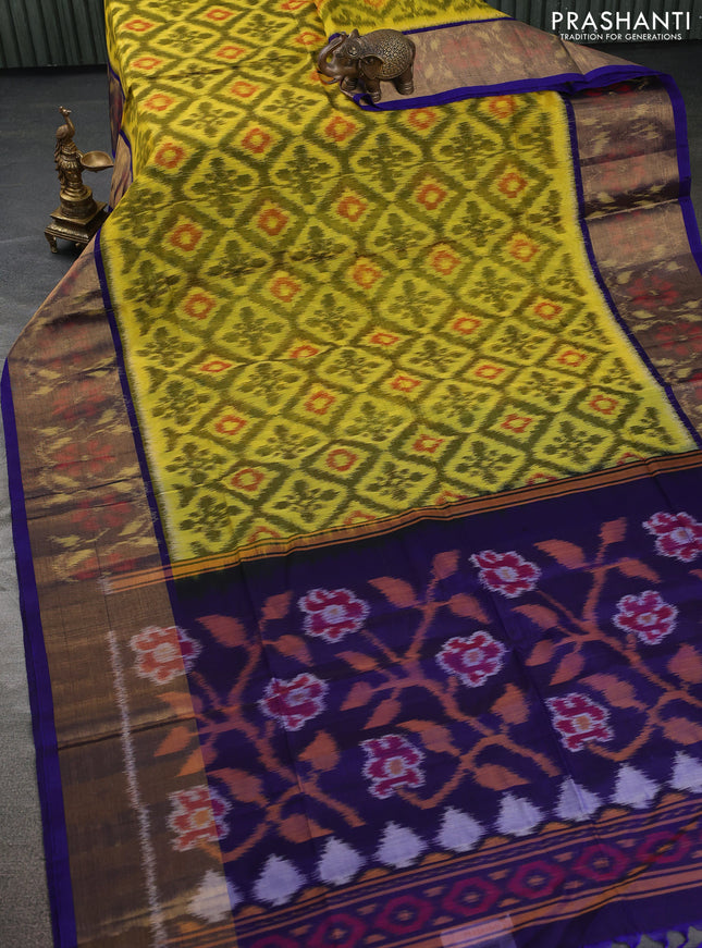Ikat silk cotton saree yellow and blue with allover ikat weaves and ikat woven zari border