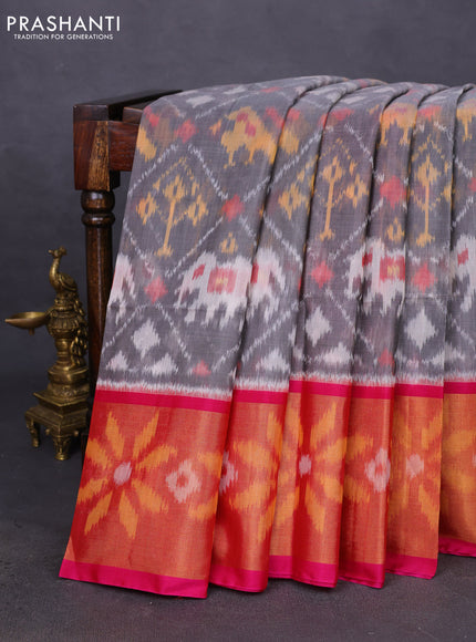 Ikat silk cotton saree grey and pink with allover ikat weaves and ikat woven zari border