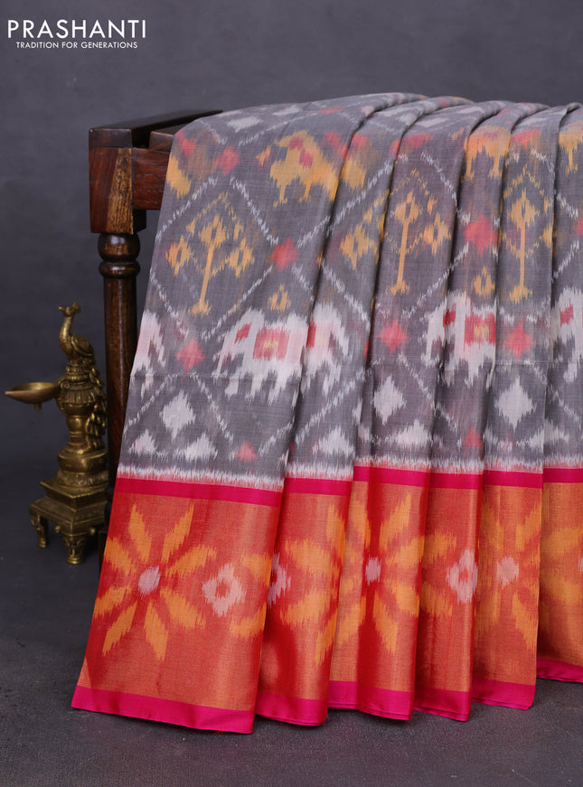 Ikat silk cotton saree grey and pink with allover ikat weaves and ikat woven zari border