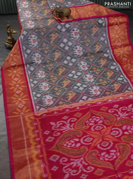 Ikat silk cotton saree grey and pink with allover ikat weaves and ikat woven zari border