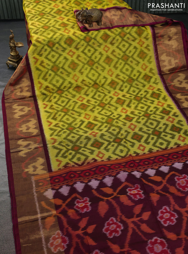 Ikat silk cotton saree lime yellow and dark magenta pink with allover ikat weaves and ikat woven zari border
