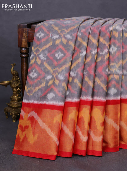 Ikat silk cotton saree grey and red with allover ikat weaves and ikat woven zari border