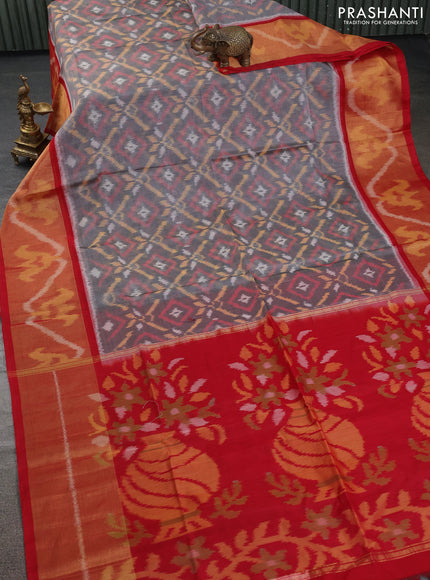 Ikat silk cotton saree grey and red with allover ikat weaves and ikat woven zari border