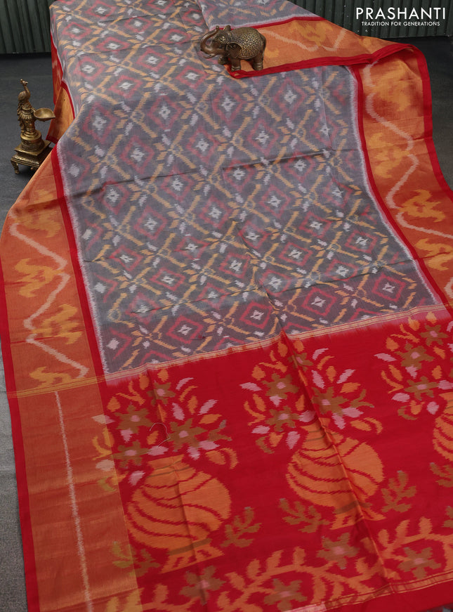 Ikat silk cotton saree grey and red with allover ikat weaves and ikat woven zari border