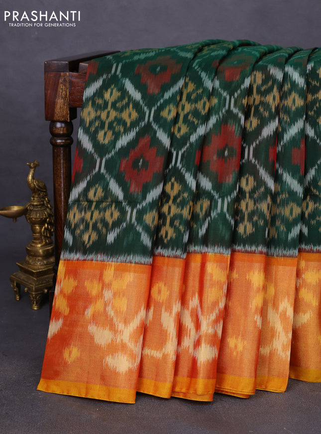 Ikat silk cotton saree green and mustard yellow with allover ikat weaves and ikat woven zari border
