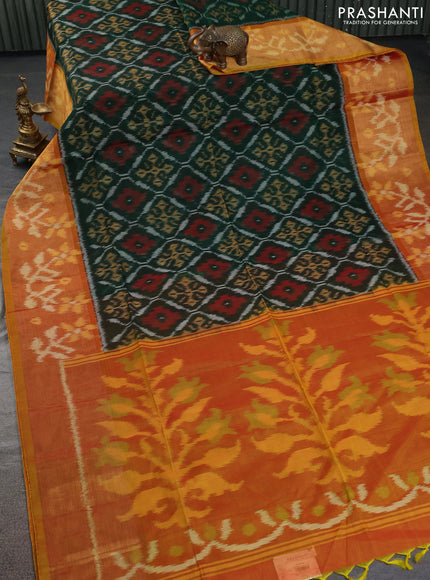 Ikat silk cotton saree green and mustard yellow with allover ikat weaves and ikat woven zari border