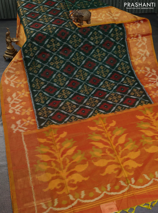 Ikat silk cotton saree green and mustard yellow with allover ikat weaves and ikat woven zari border