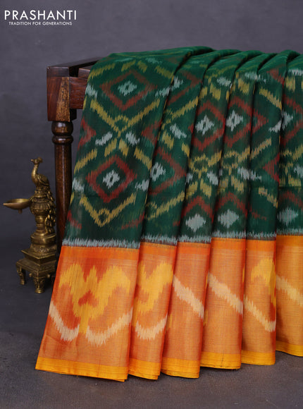 Ikat silk cotton saree green and mustard yellow with allover ikat weaves and ikat woven zari border