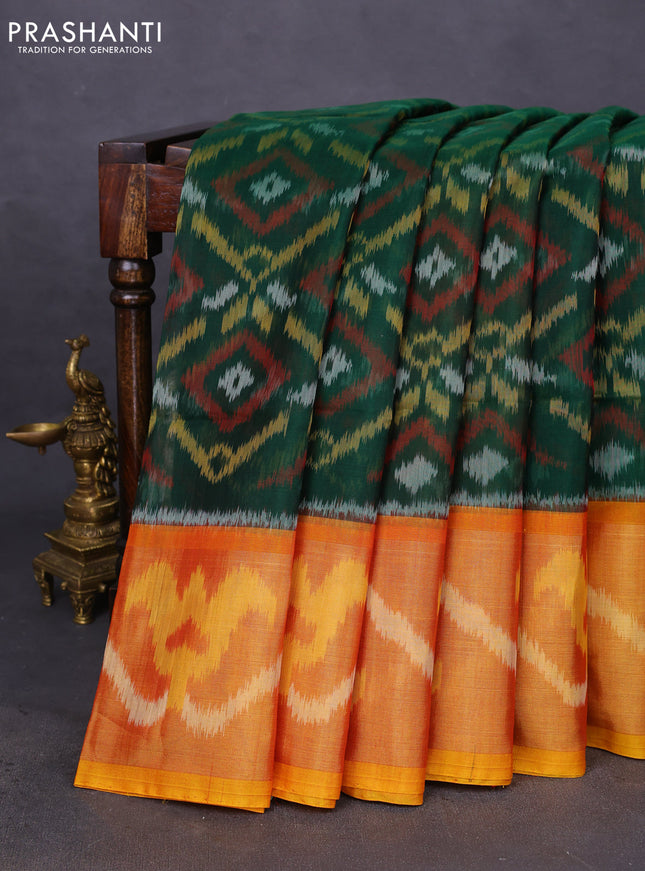 Ikat silk cotton saree green and mustard yellow with allover ikat weaves and ikat woven zari border