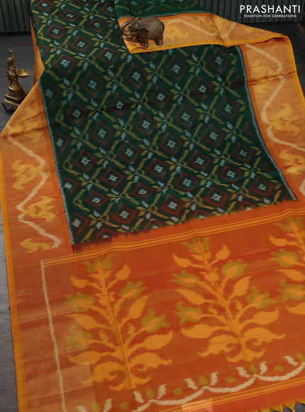 Ikat silk cotton saree green and mustard yellow with allover ikat weaves and ikat woven zari border