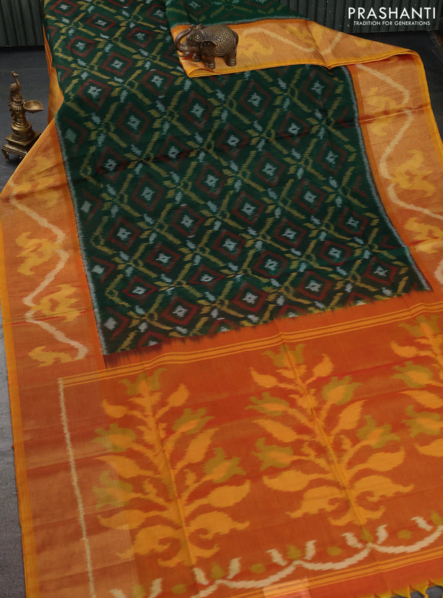 Ikat silk cotton saree green and mustard yellow with allover ikat weaves and ikat woven zari border