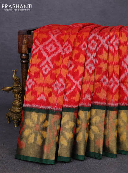 Ikat silk cotton saree red and green with allover ikat weaves and ikat woven zari border
