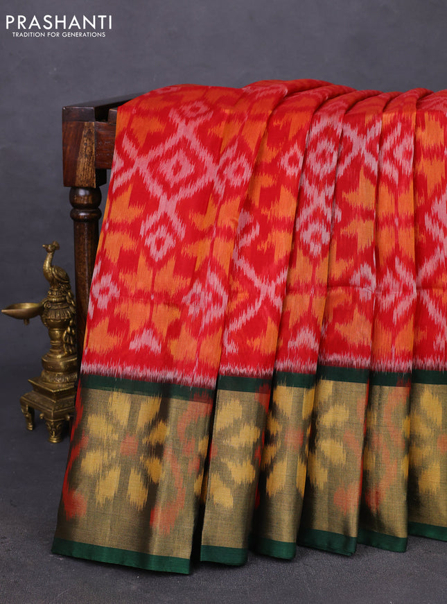 Ikat silk cotton saree red and green with allover ikat weaves and ikat woven zari border