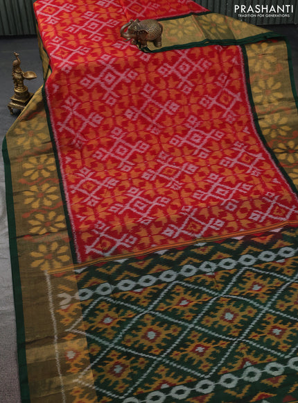 Ikat silk cotton saree red and green with allover ikat weaves and ikat woven zari border