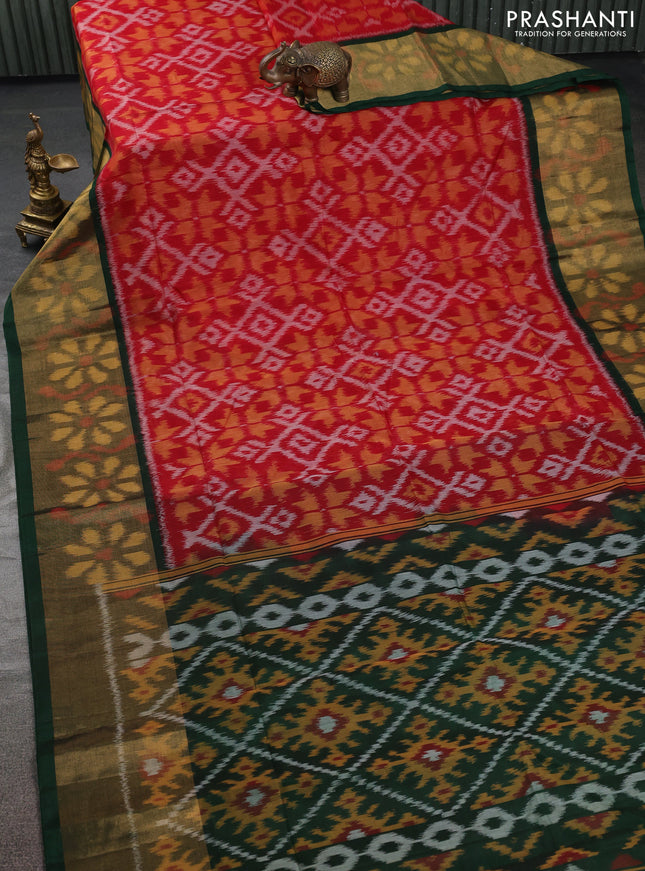 Ikat silk cotton saree red and green with allover ikat weaves and ikat woven zari border