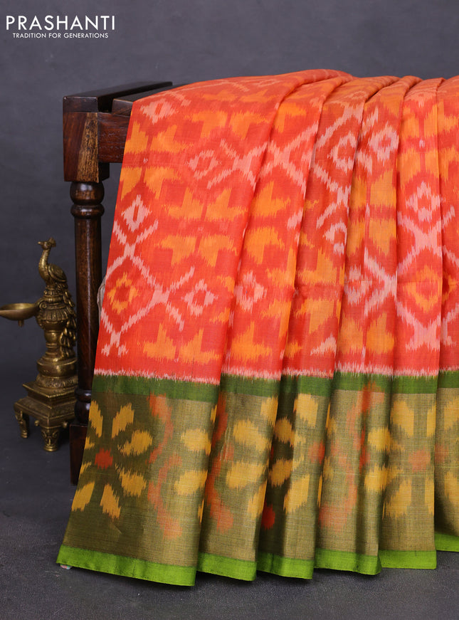 Ikat silk cotton saree orange and light green with allover ikat weaves and ikat woven zari border