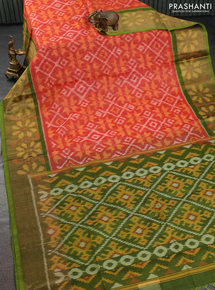 Ikat silk cotton saree orange and light green with allover ikat weaves and ikat woven zari border