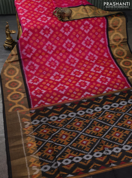 Ikat silk cotton saree pink and black with allover ikat weaves and ikat woven zari border