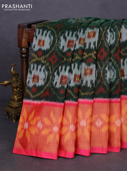 Ikat silk cotton saree dark green and pink with allover ikat weaves and ikat woven zari border