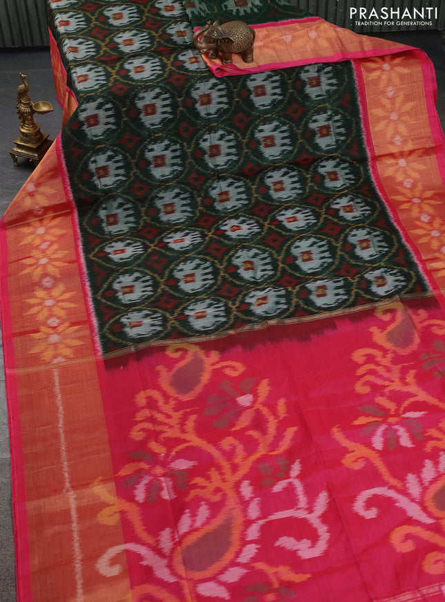 Ikat silk cotton saree dark green and pink with allover ikat weaves and ikat woven zari border