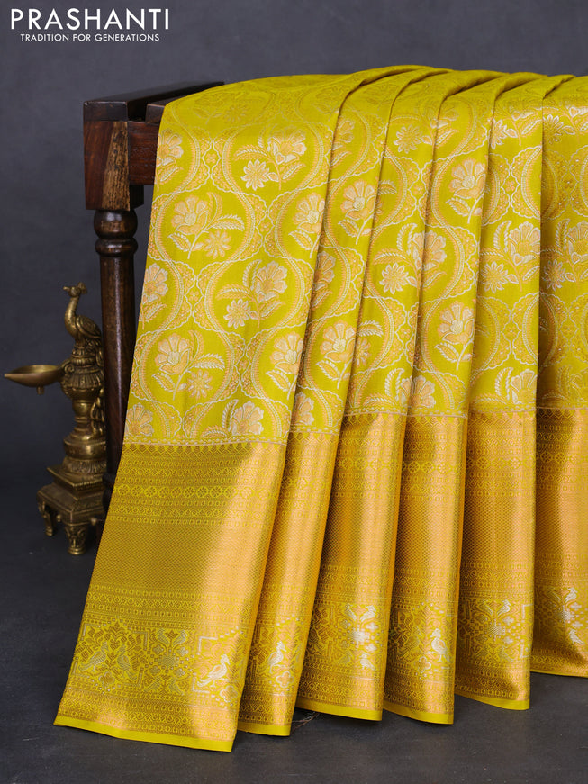 Pure kanchipuram silk saree mustard yellow with allover zari woven brocade weaves and long rich zari woven border