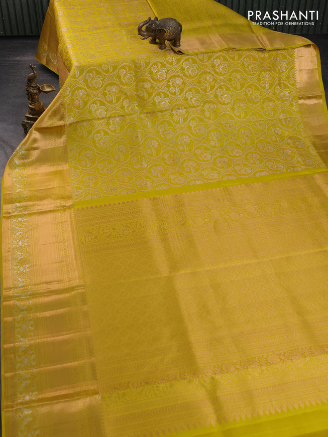 Pure kanchipuram silk saree mustard yellow with allover zari woven brocade weaves and long rich zari woven border