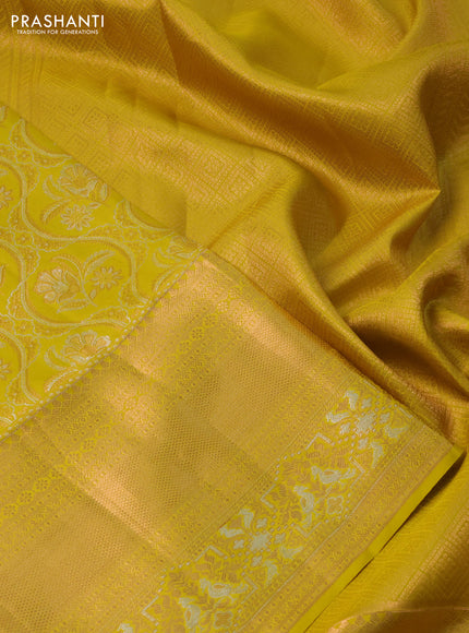 Pure kanchipuram silk saree mustard yellow with allover zari woven brocade weaves and long rich zari woven border
