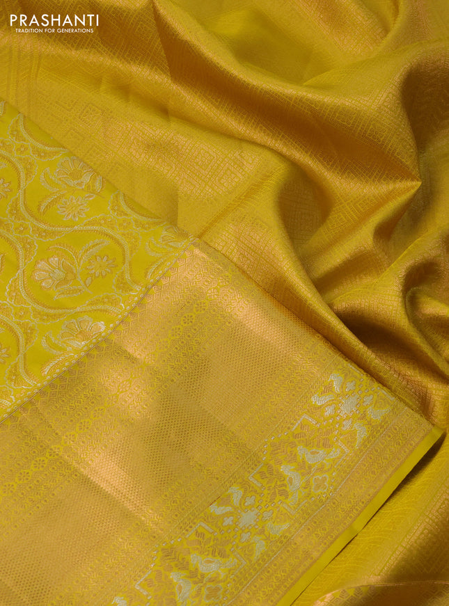 Pure kanchipuram silk saree mustard yellow with allover zari woven brocade weaves and long rich zari woven border