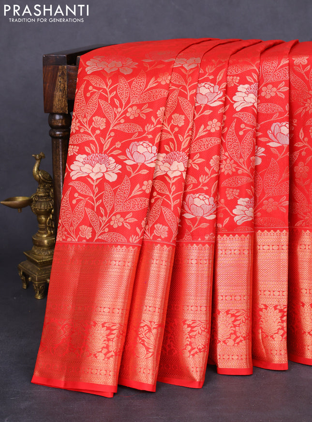 Pure kanchipuram silk saree red with allover zari woven floral brocade weaves and rich zari woven border