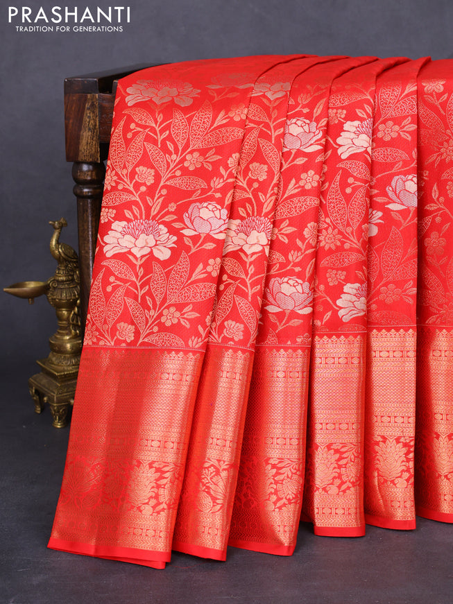 Pure kanchipuram silk saree red with allover zari woven floral brocade weaves and rich zari woven border