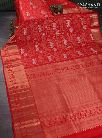 Pure kanchipuram silk saree red with allover zari woven floral brocade weaves and rich zari woven border