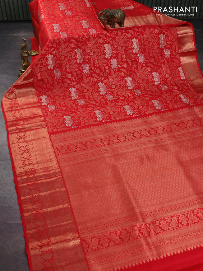 Pure kanchipuram silk saree red with allover zari woven floral brocade weaves and rich zari woven border