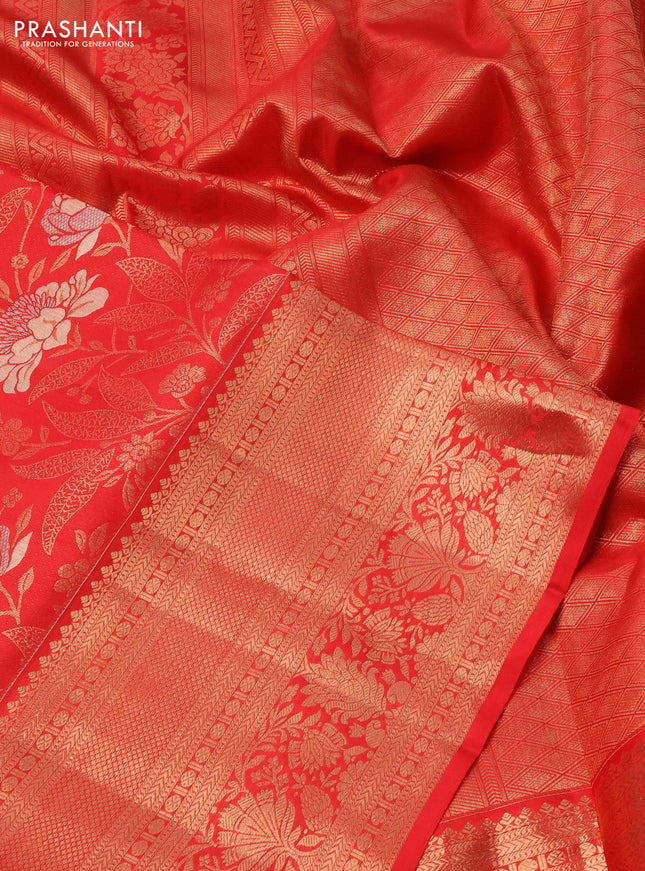 Pure kanchipuram silk saree red with allover zari woven floral brocade weaves and rich zari woven border