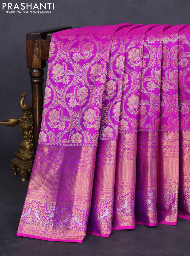 Pure kanchipuram silk saree purple with allover zari woven floral brocade weaves and rich zari woven border