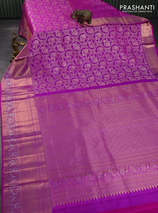 Pure kanchipuram silk saree purple with allover zari woven floral brocade weaves and rich zari woven border