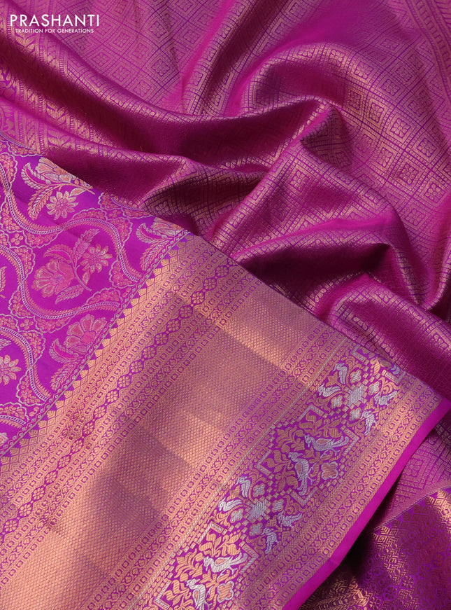 Pure kanchipuram silk saree purple with allover zari woven floral brocade weaves and rich zari woven border